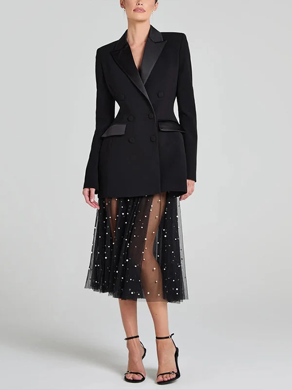 Sofía | Blazer reversible de satén negro con doble fila de botones