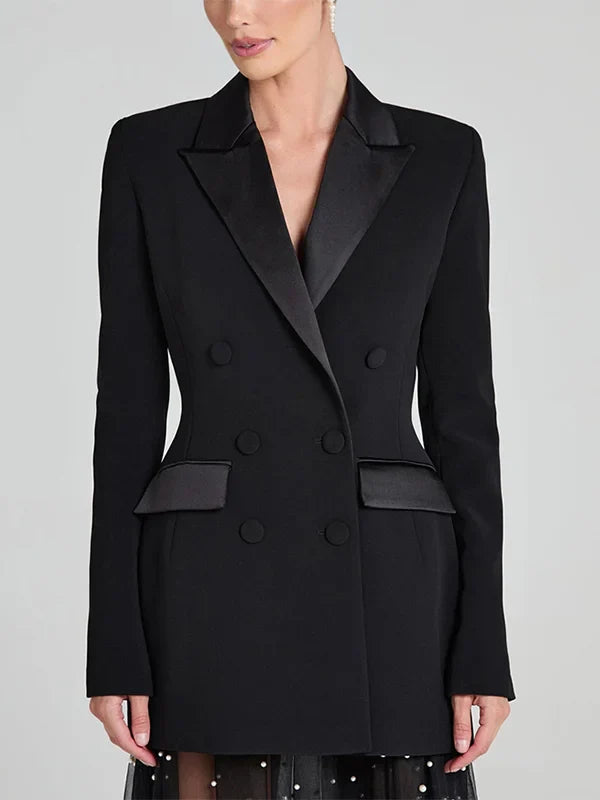 Sofía | Blazer reversible de satén negro con doble fila de botones